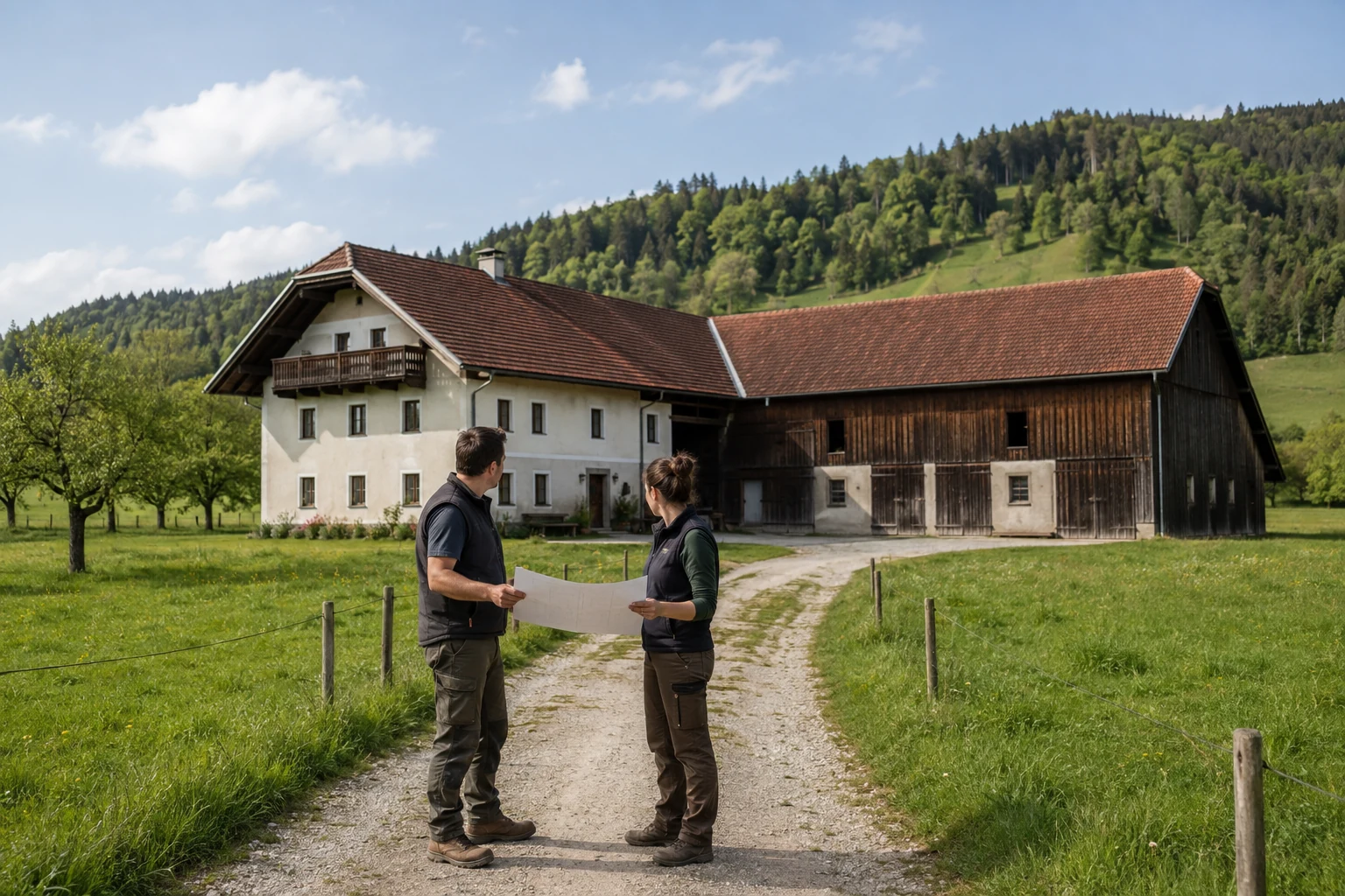 Junges Landwirtepaar betrachtet einen österreichischen Vollerwerbsbetrieb