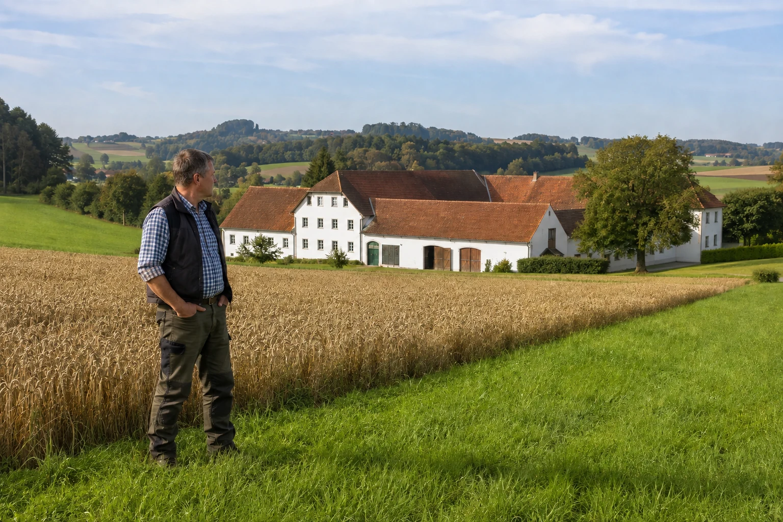 Österreichischer Vollerwerbslandwirt vor Hof, Acker und Grünland